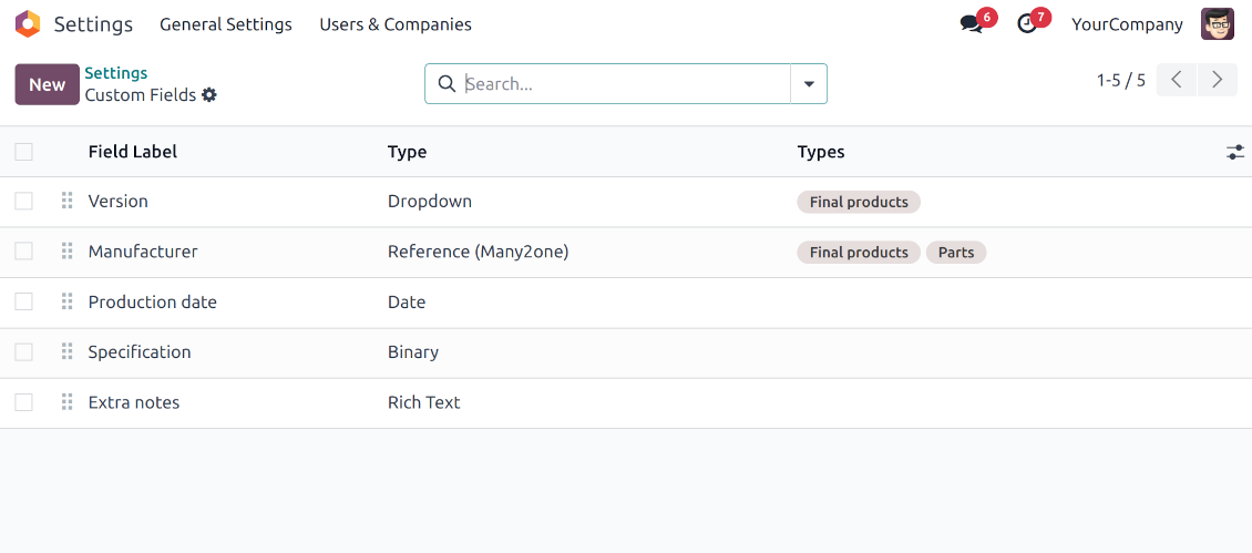 Odoo list of product custom fields