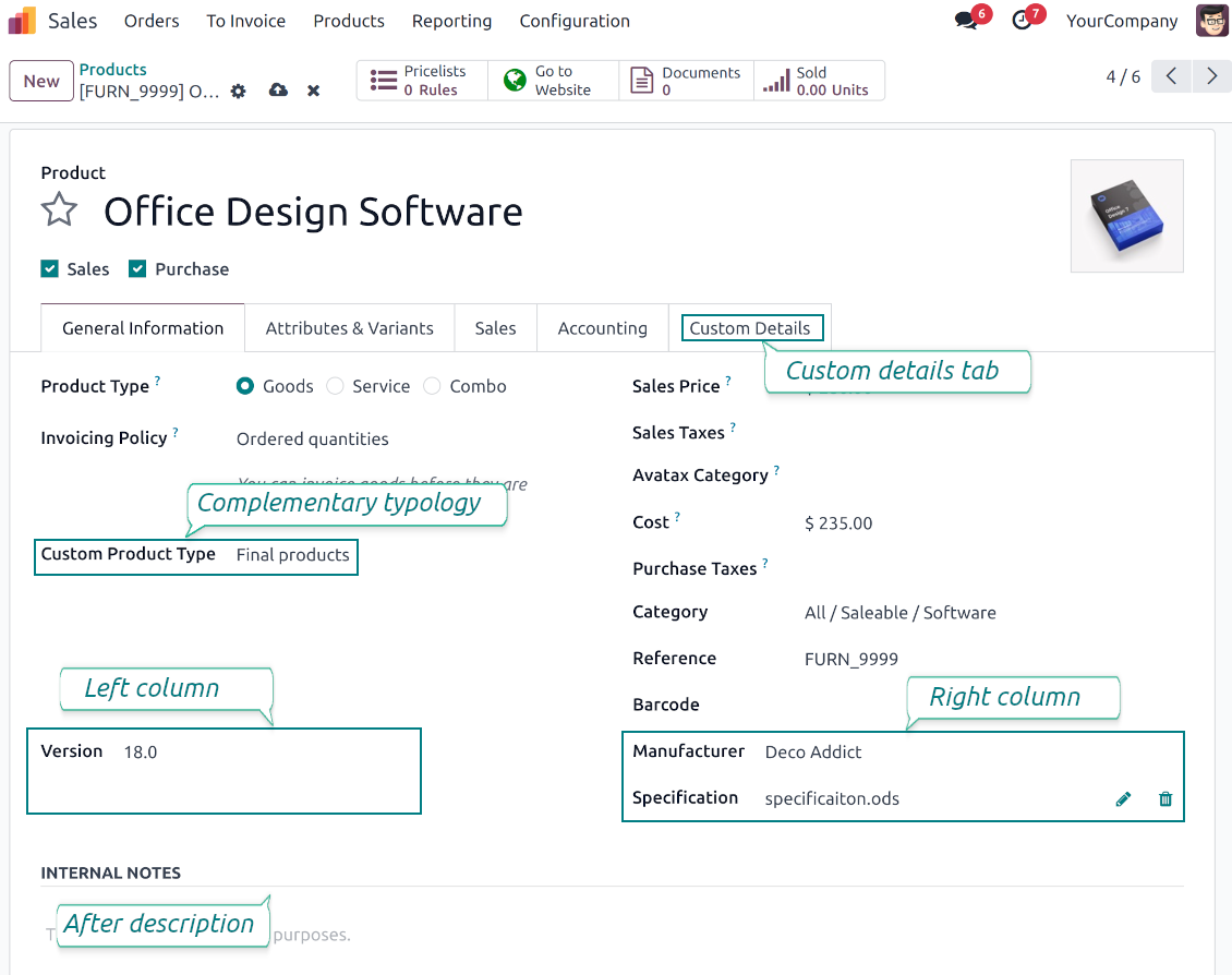 Customize properties of Odoo products