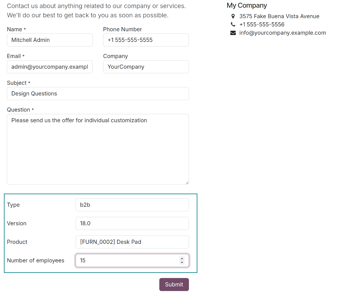 Lead custom fields for the Odoo contact us form