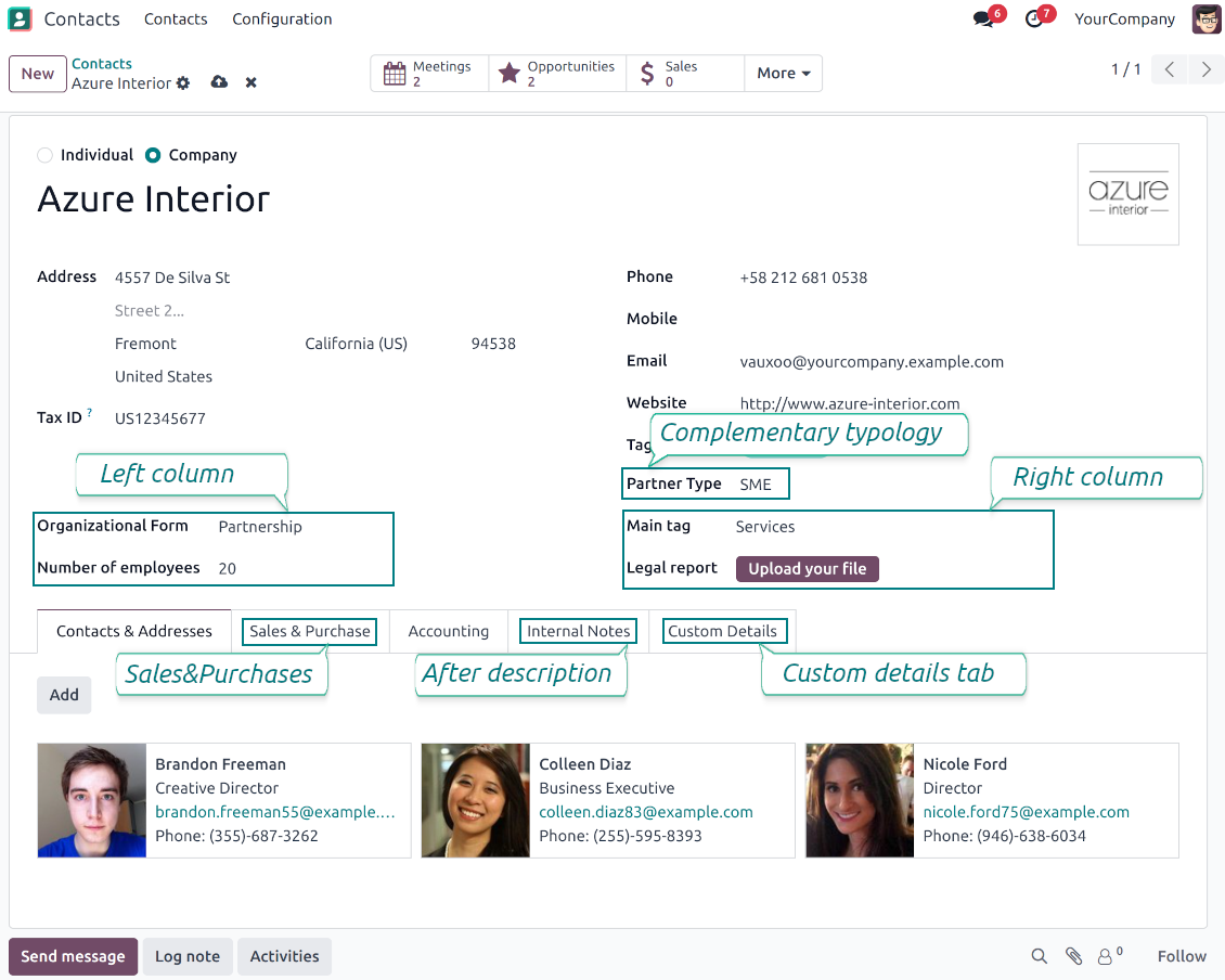 Customized Odoo form view of contacts