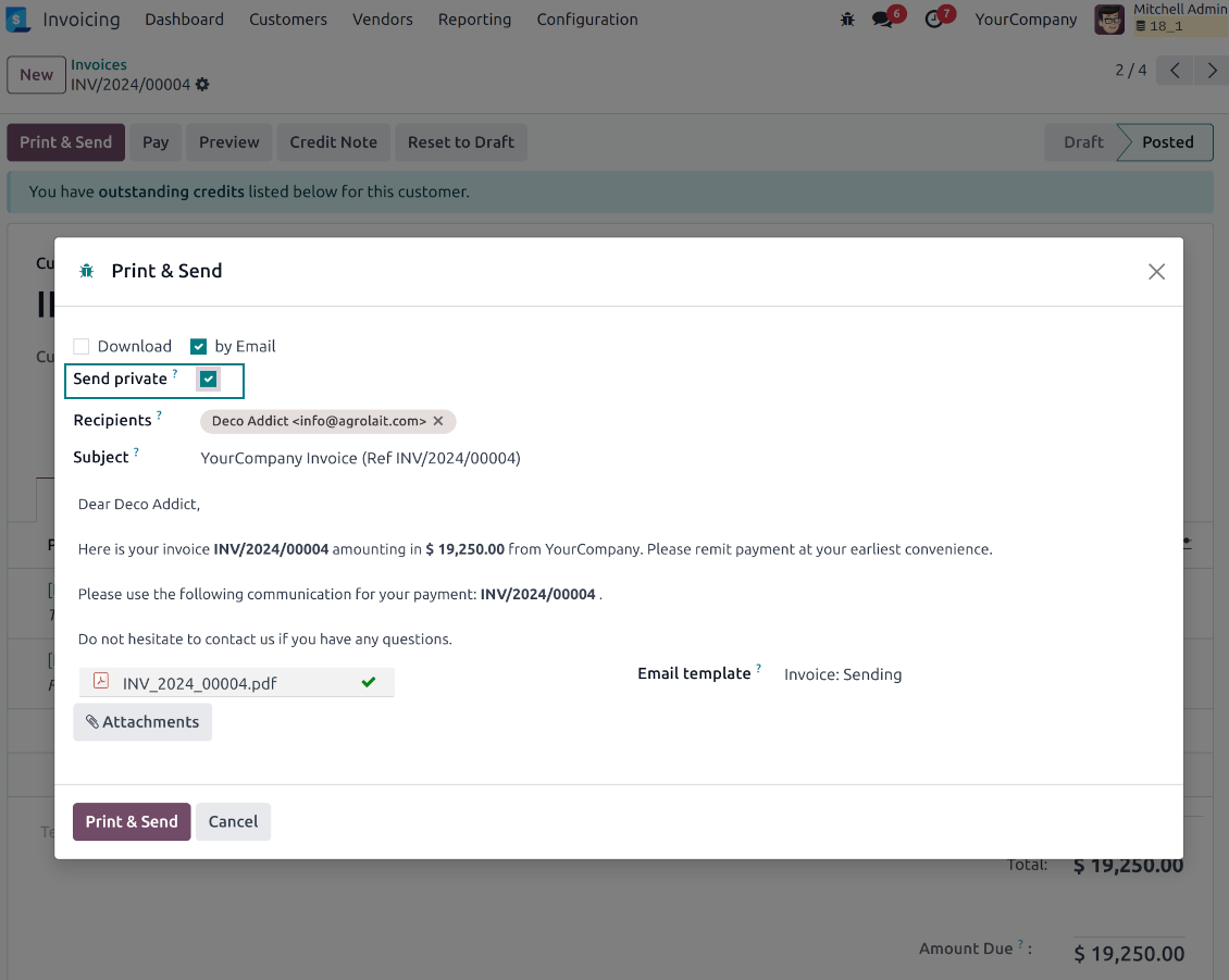 Internal invoice email composer