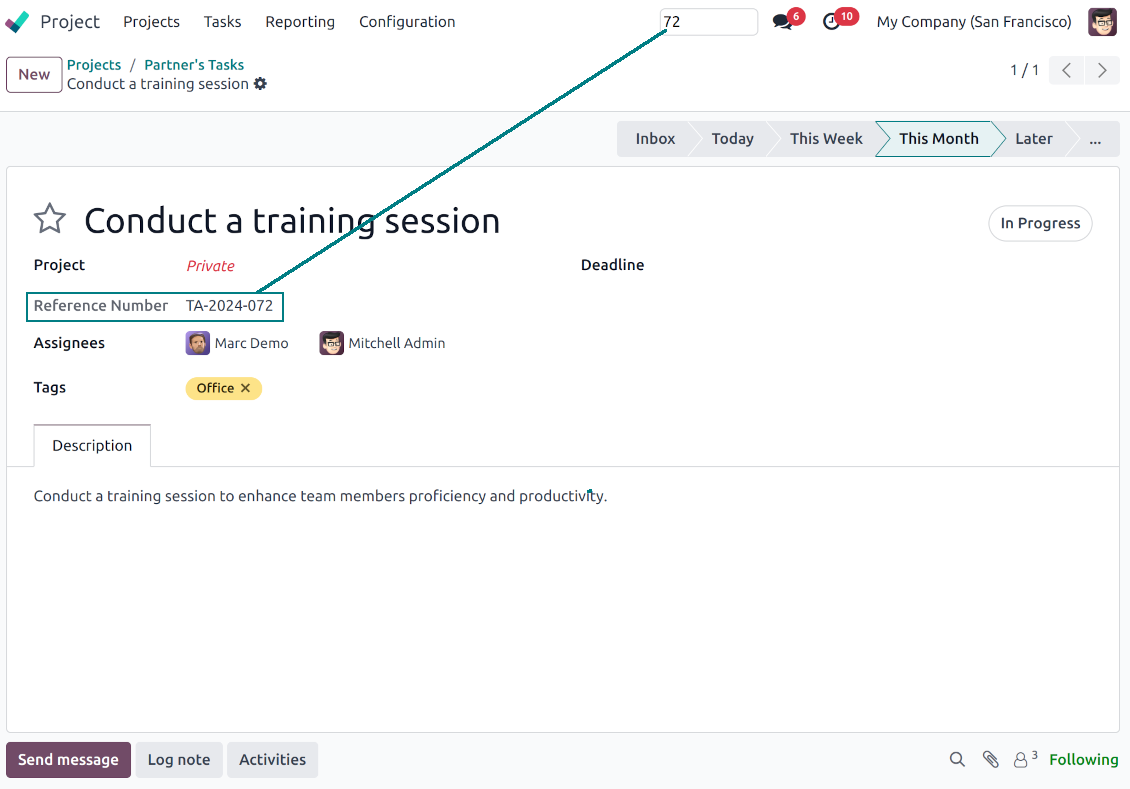 The quick search for Odoo tasks by number