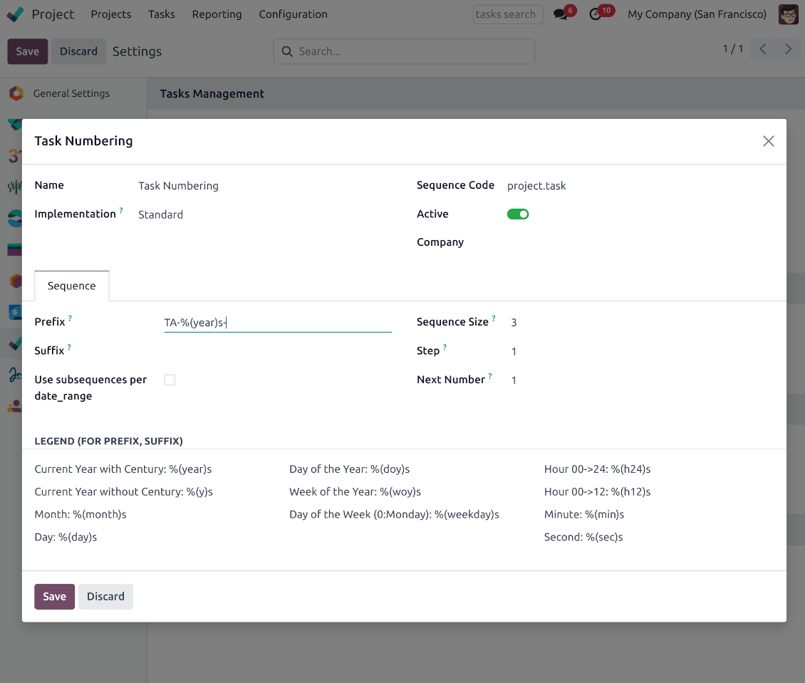 Project tasks: Odoo sequence
