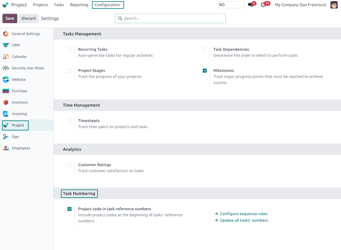 Odoo tasks' numbers configuration