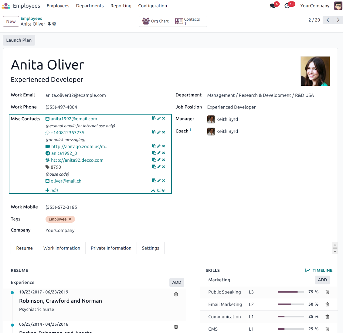 Employee contact data and preferences