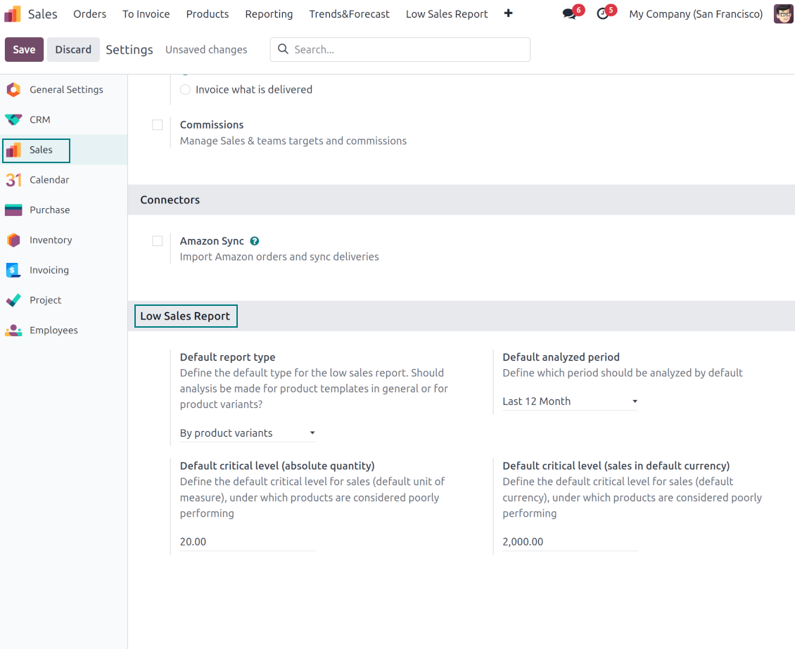 Default values to generate an Odoo sales report