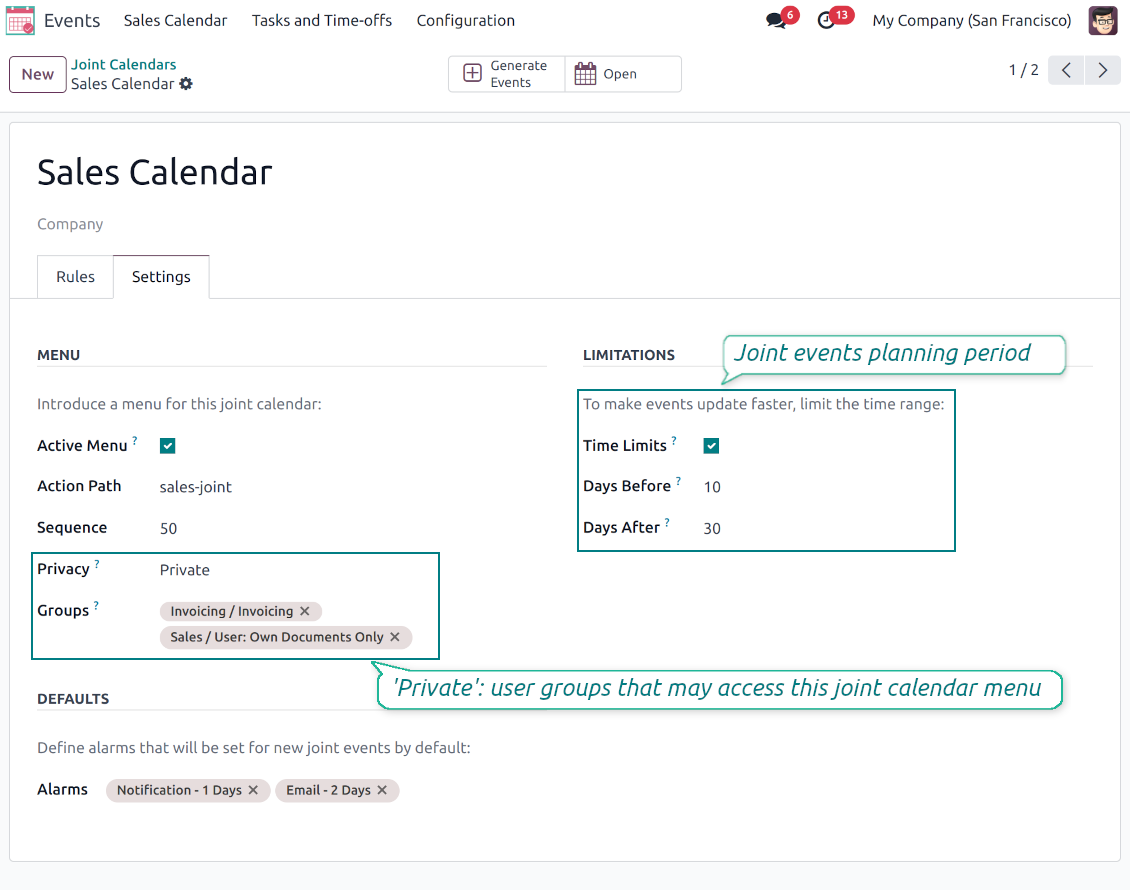 Advanced settings of the joint calendar