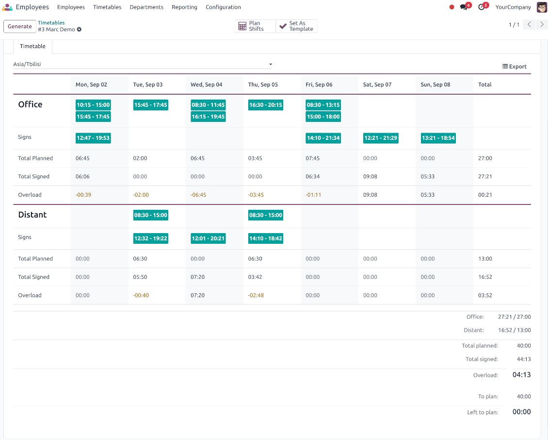 Odoo shifts for timetables