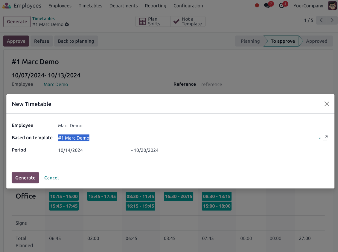 Odoo working shifts' templates