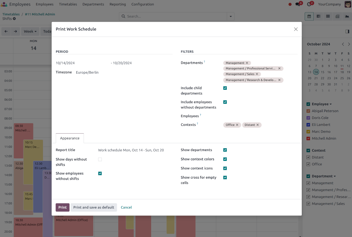 Odoo shifts scheduling wizard
