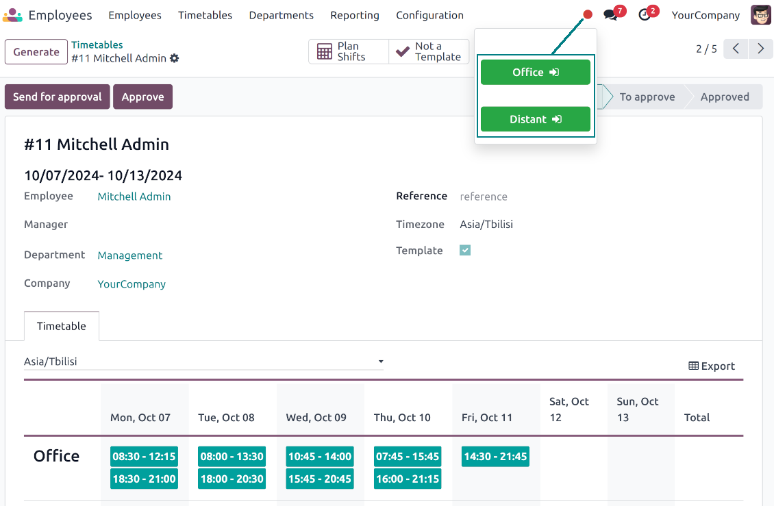 Odoo systray attendance context