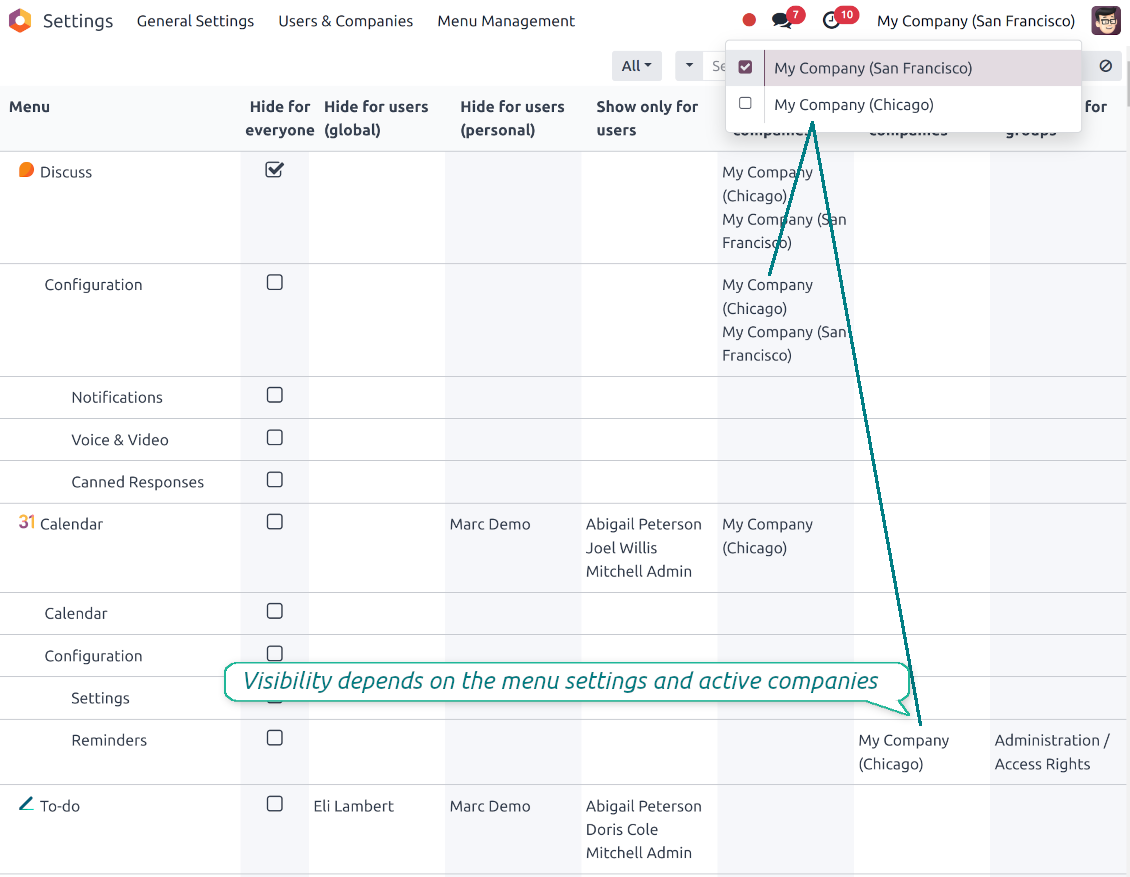 Hide/show menus for specific Odoo companies