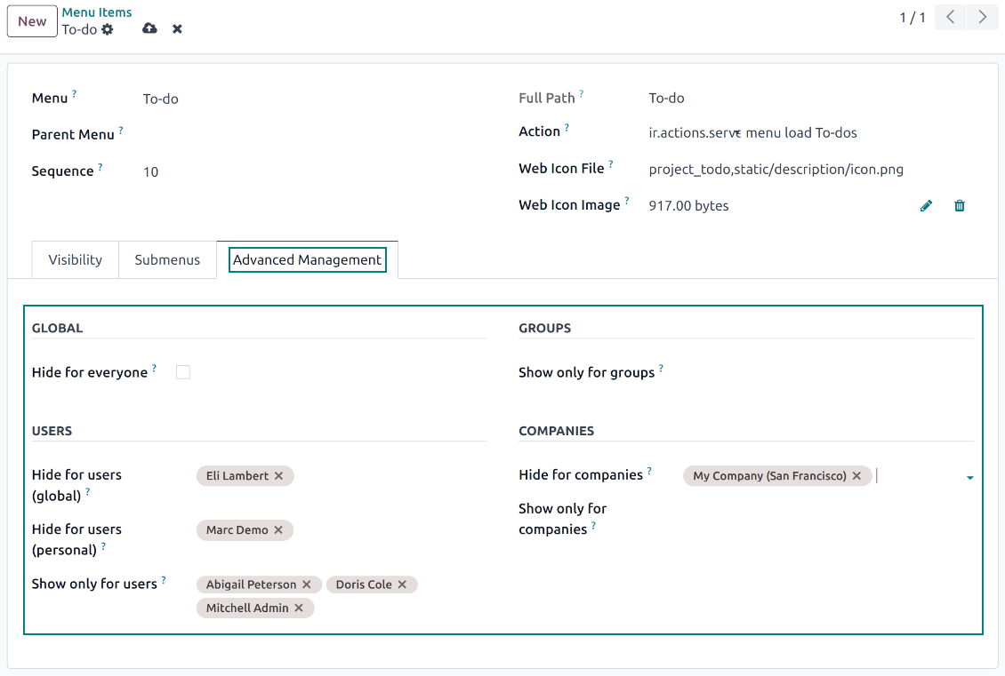 Standard Odoo menu settings