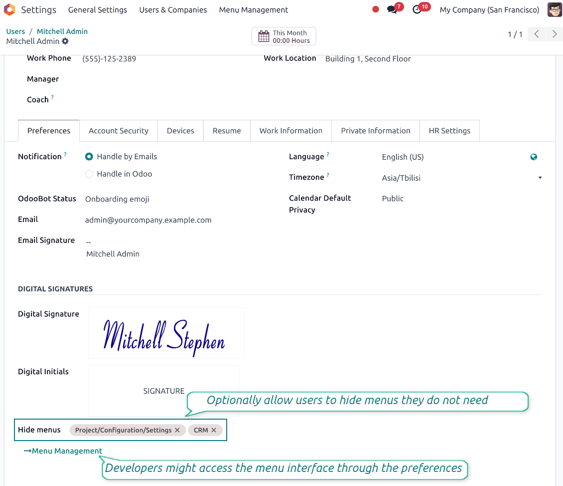 Odoo user menu preferences