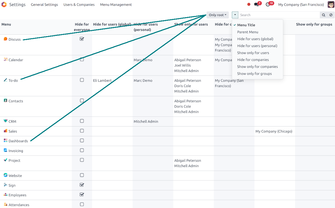 Odoo menu tree, search, and filters