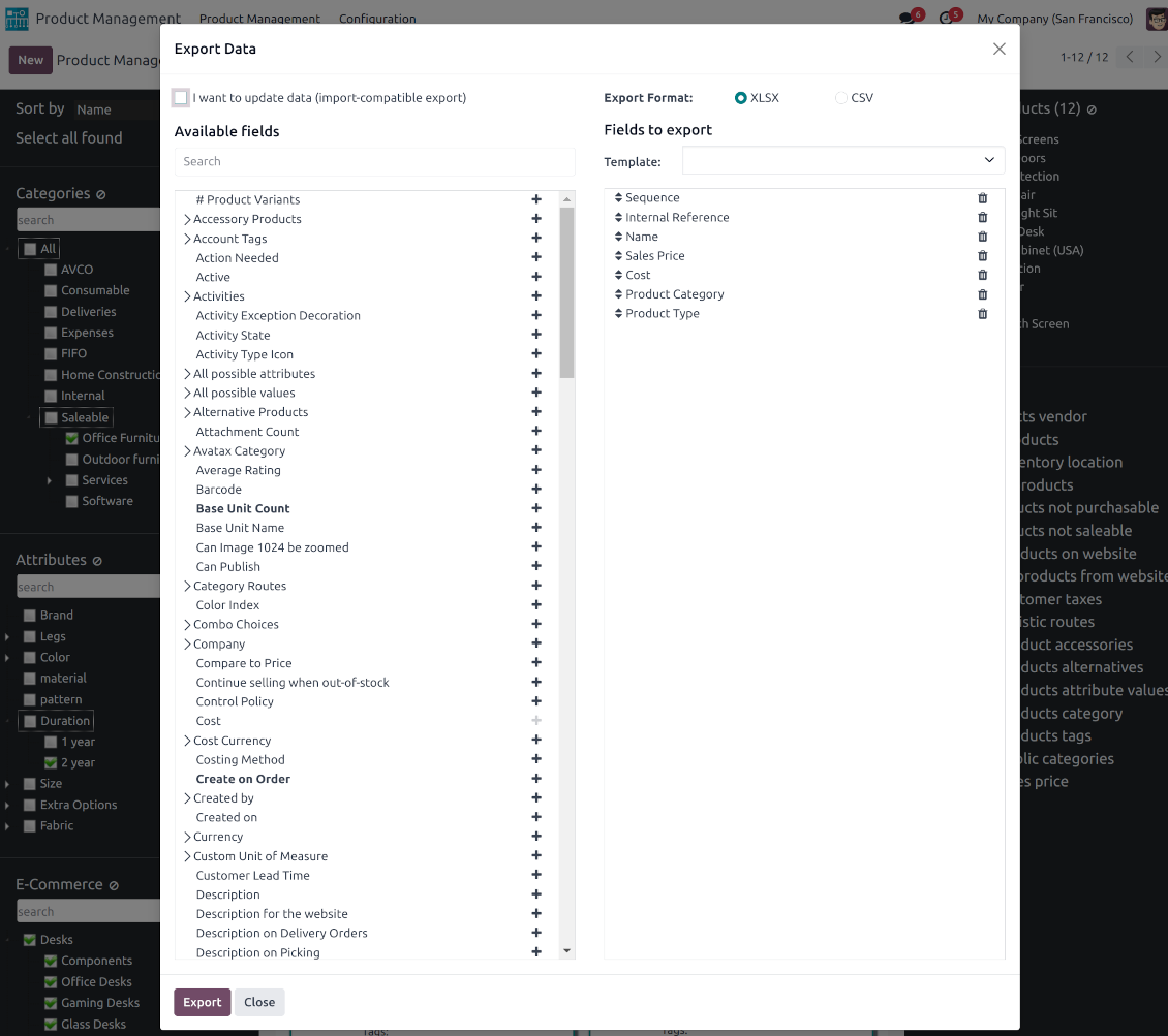 Export selected product templates