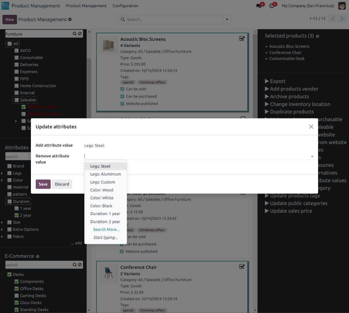 Update attributes for selected products