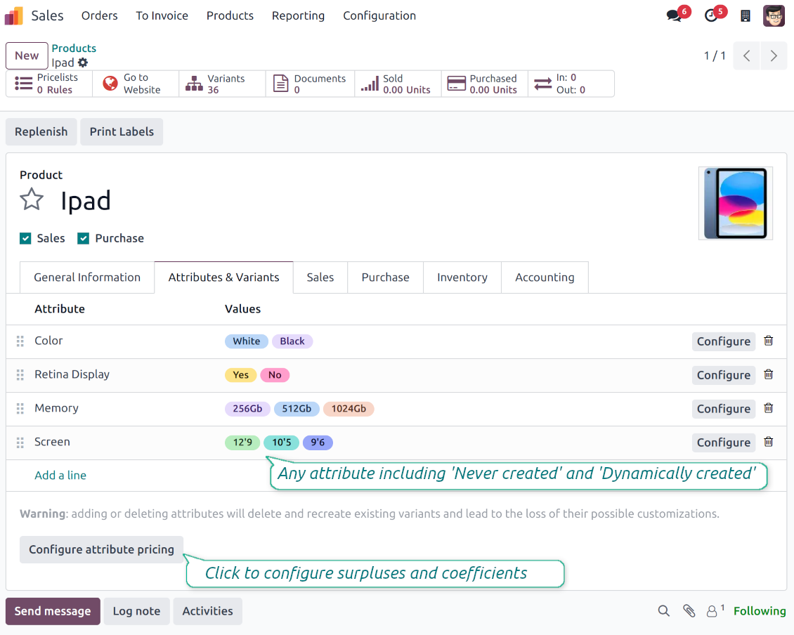 Odoo product template and attribute pricing configuration
