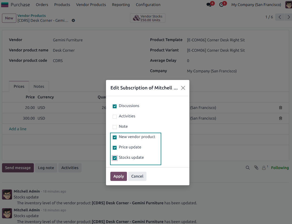 Vendor product subscriptions for prices and stocks