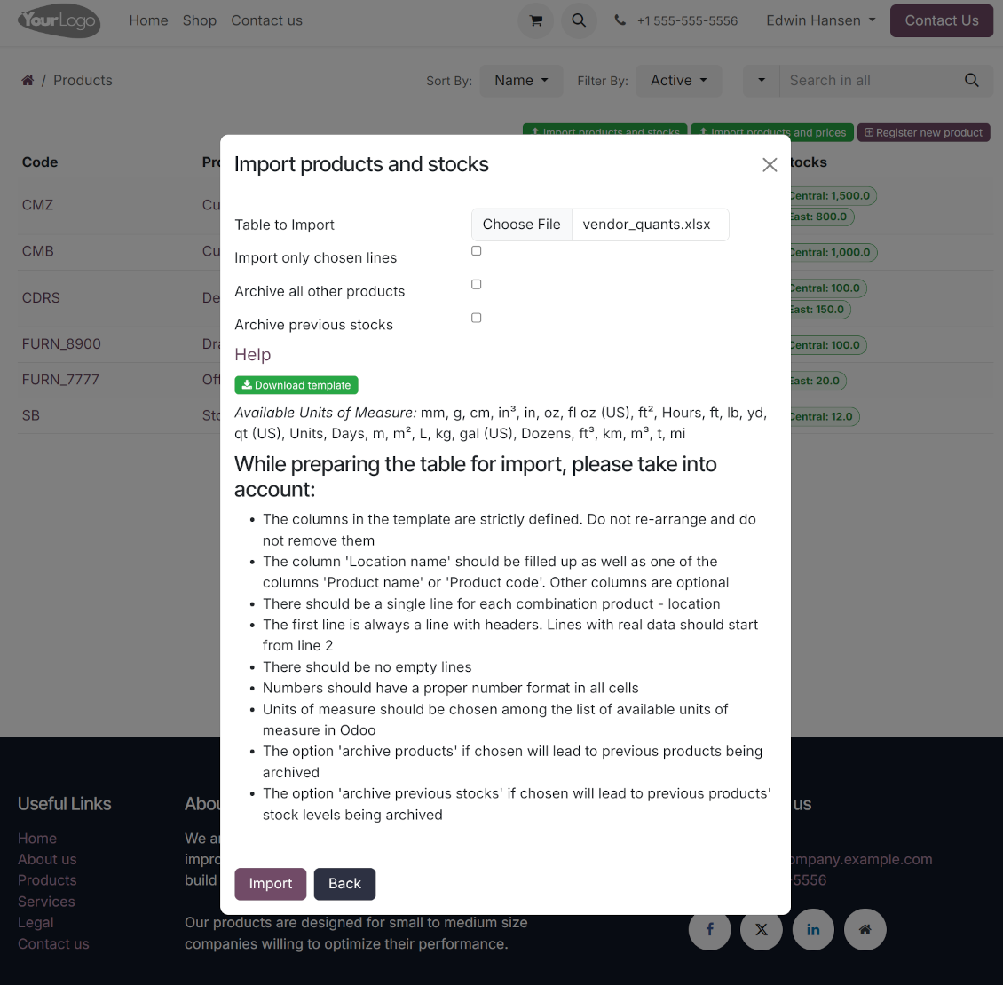 Supplier products' and stocks' portal import
