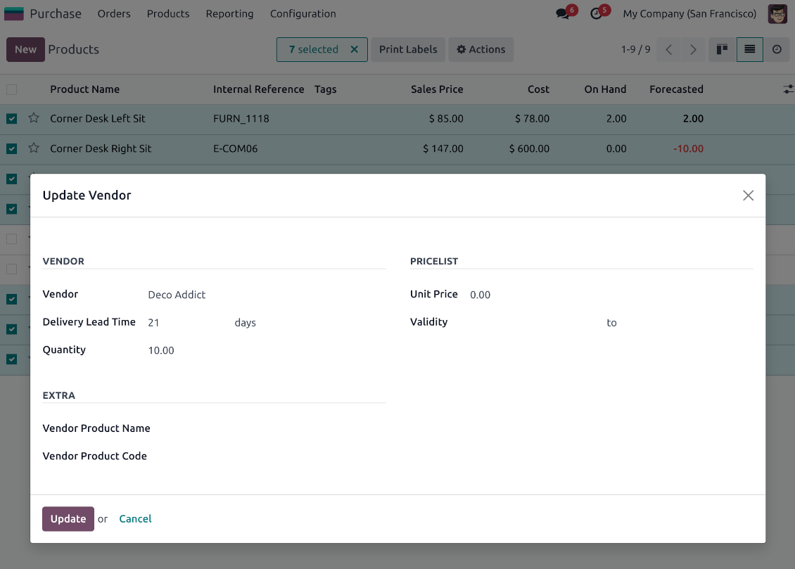 Odoo: edit suppliers of products