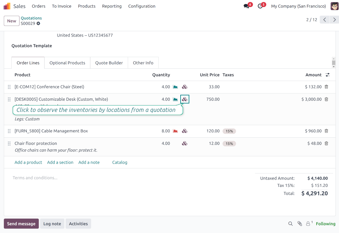One click to observe inventories from a sale line