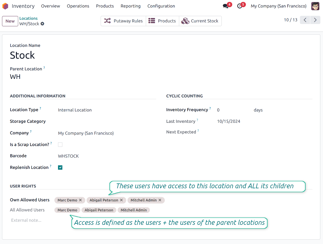 Odoo locations accepted users