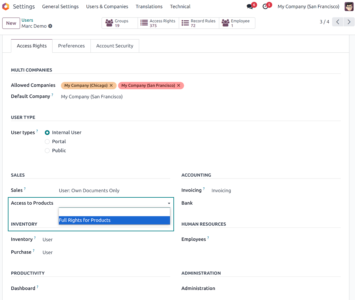 Access rights for Odoo products