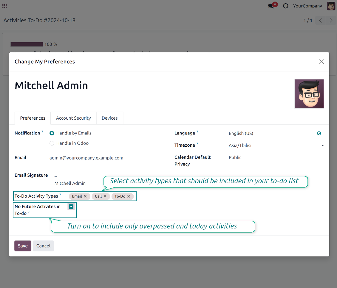 Activity types: Odoo user preferences