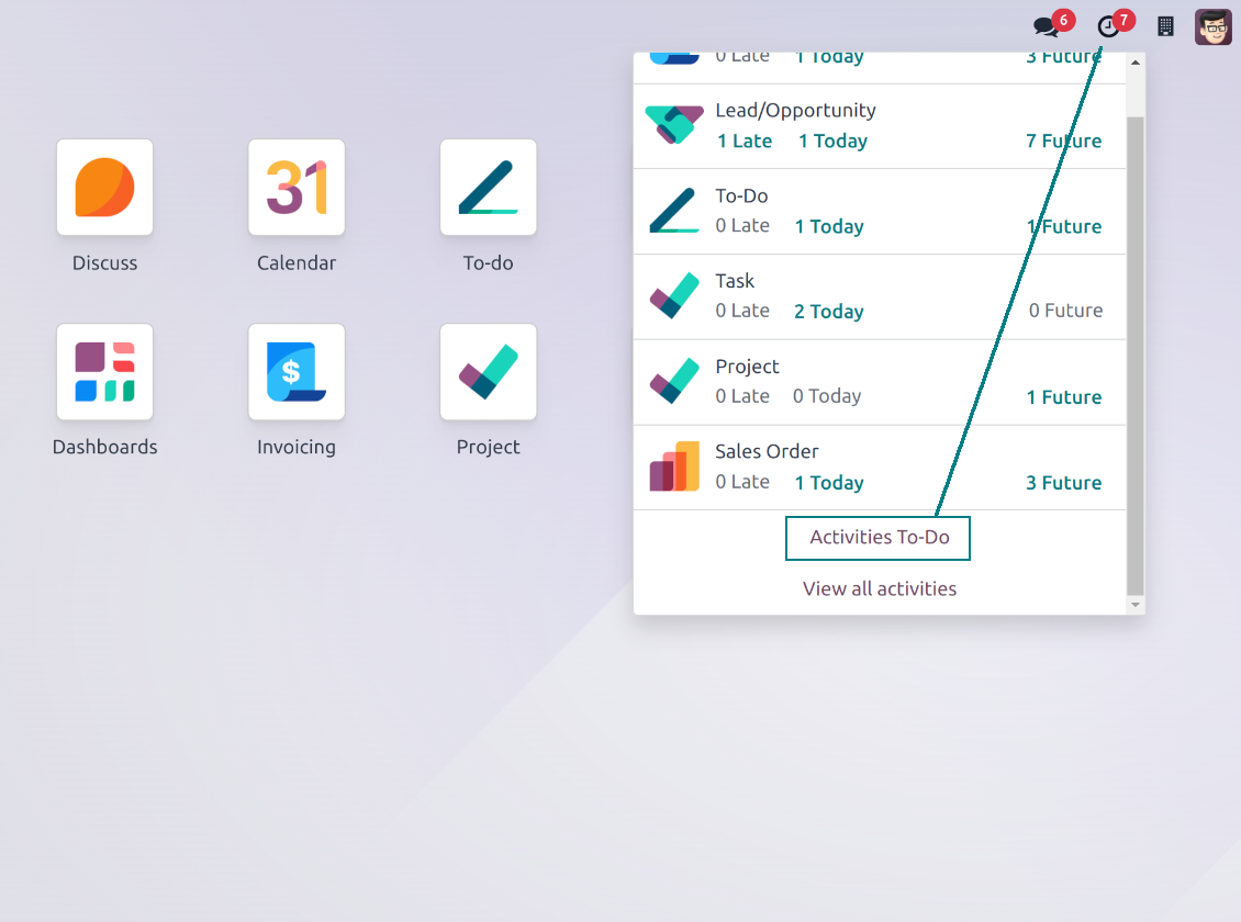 Odoo activities interface: shortcut