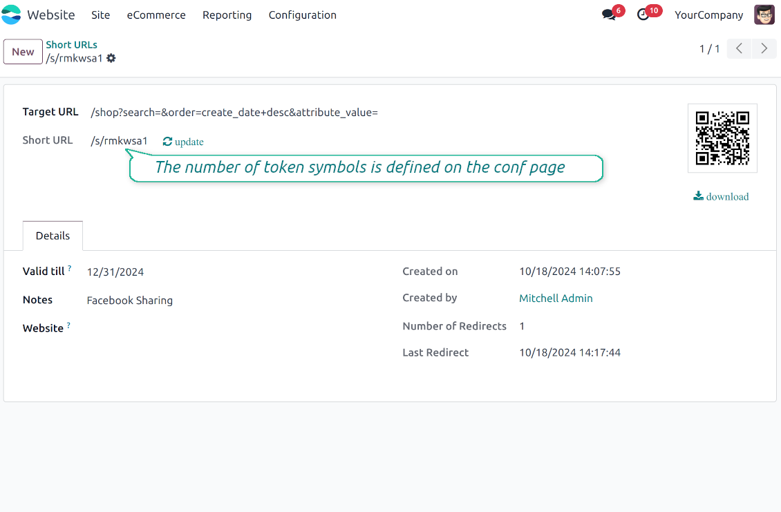 Odoo URL shortener auto tokens