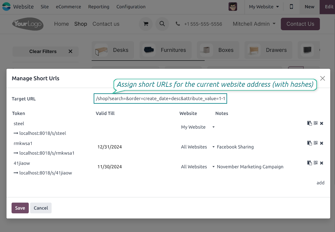 Odoo URL shortener from the website