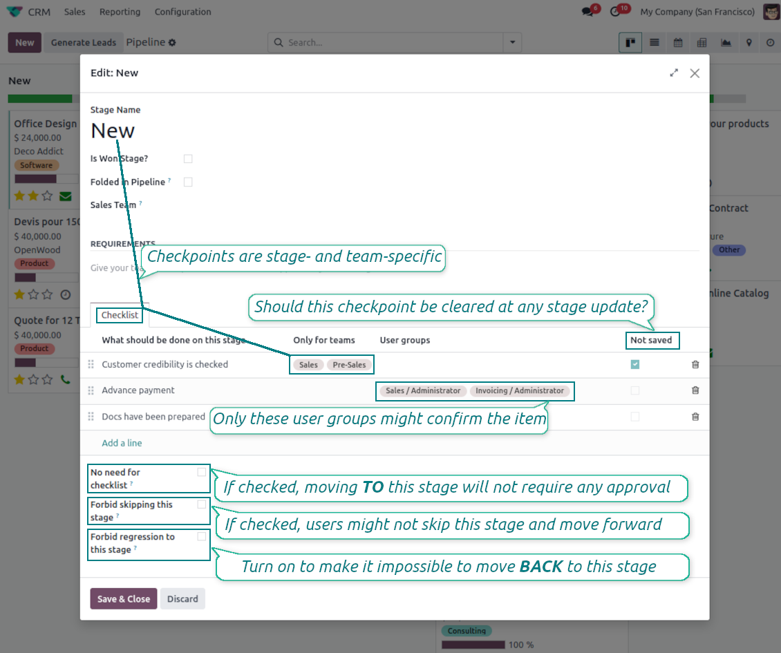 Check items per lead stage