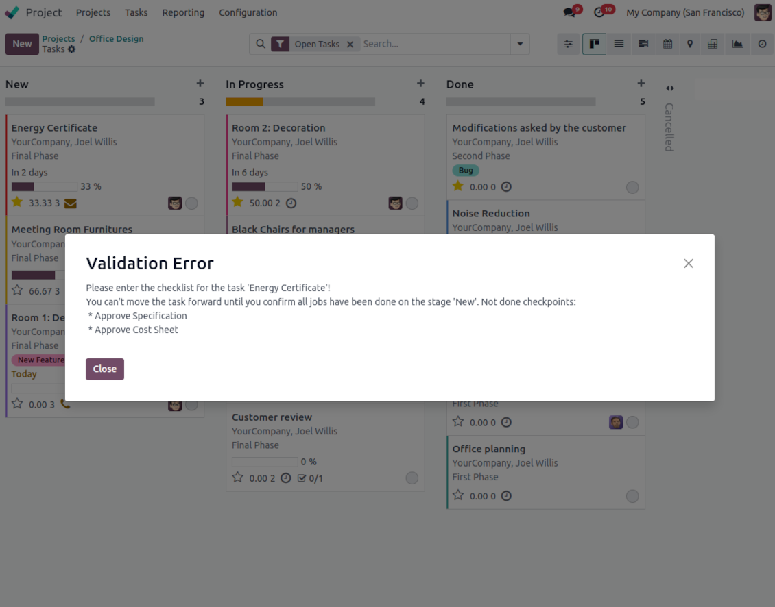 Validation error: the project checklist is not approved