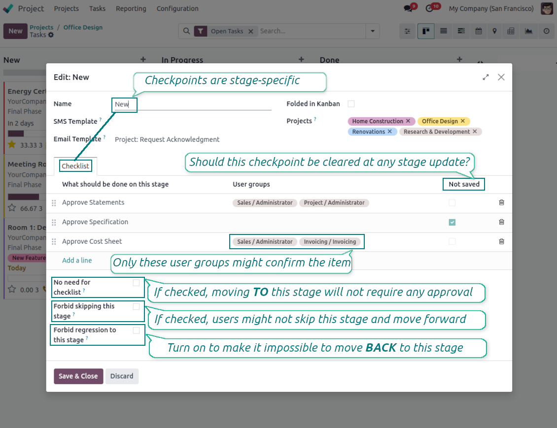 Check items per project stage