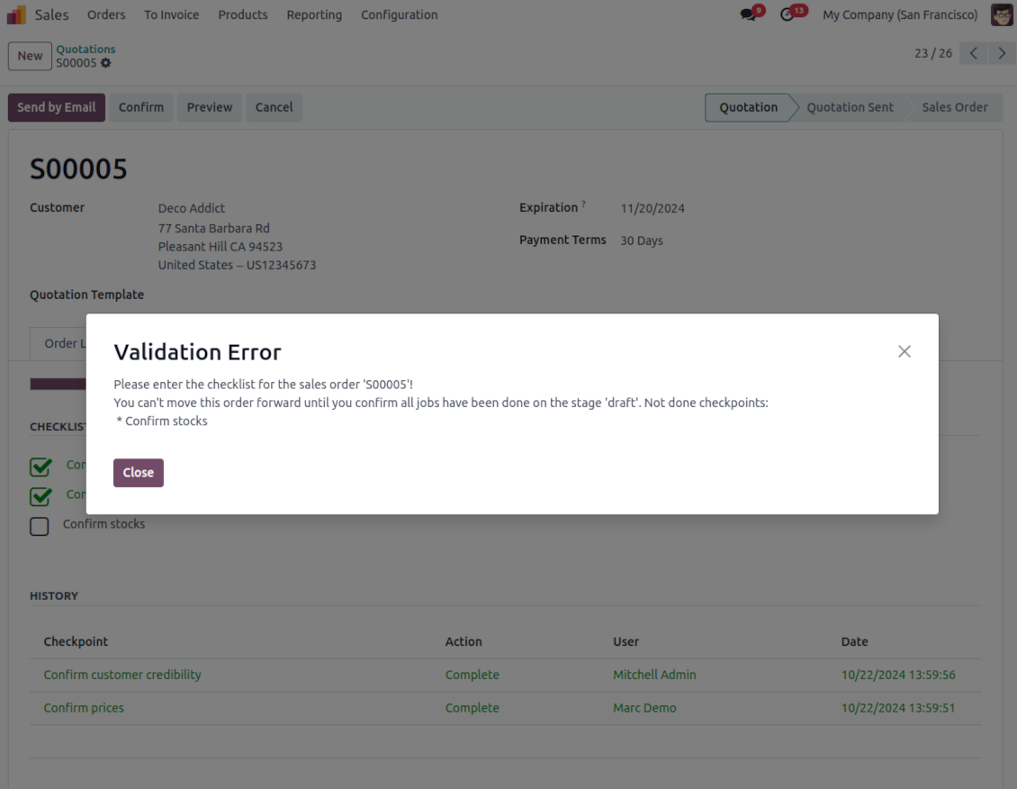 Validation error: the checklist is not approved