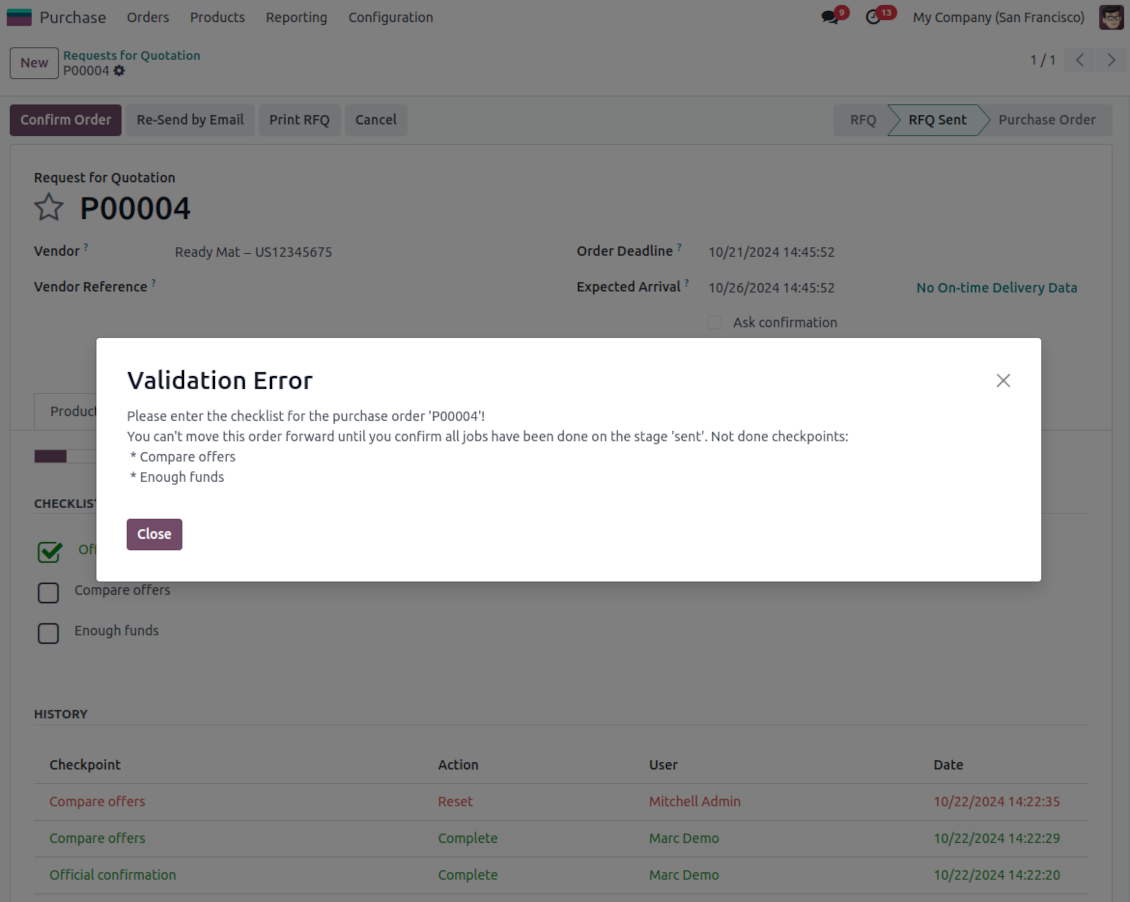 Validation error: the checklist is not approved
