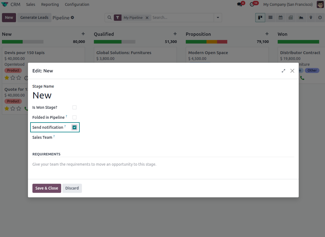 CRM stages for the reminder