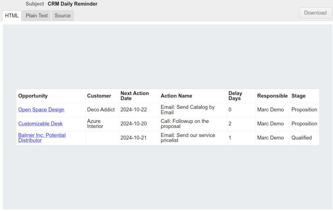 Odoo CRM reminder
