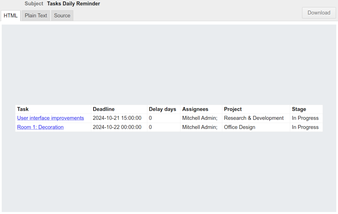 Odoo project task reminder