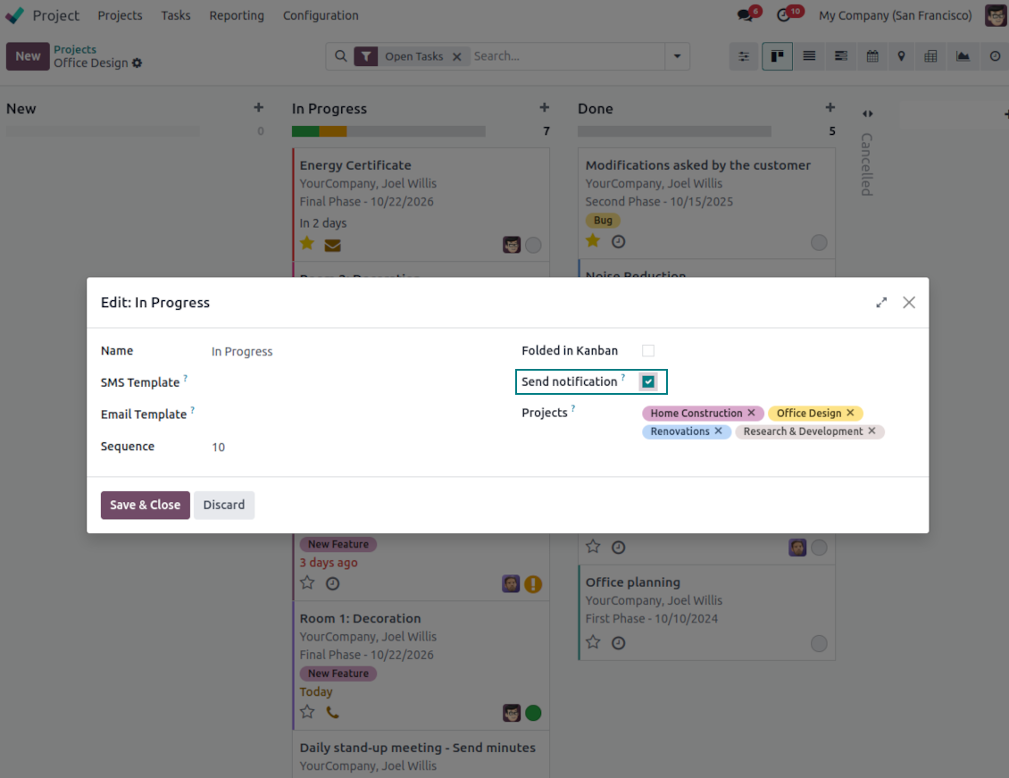 Project task stages for the reminder