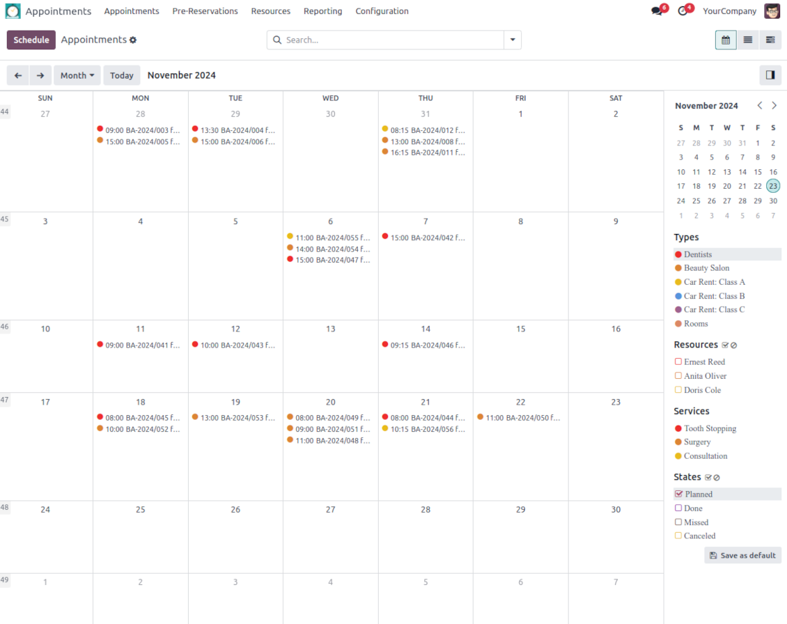 Appointments planning calendar in Odoo