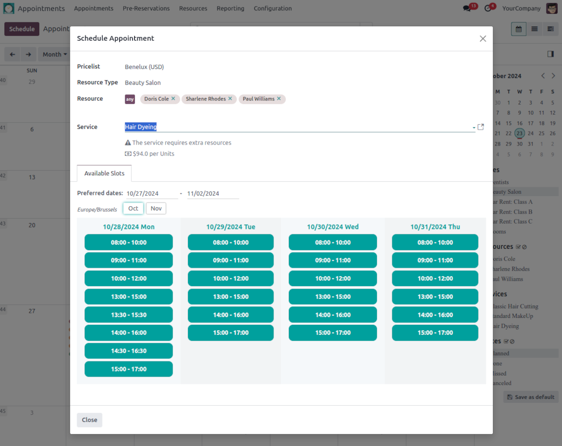 Time slots for Odoo reservations