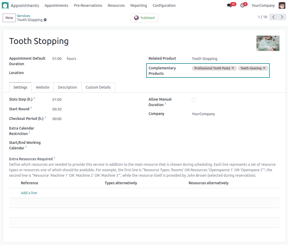 Service settings and suggested products