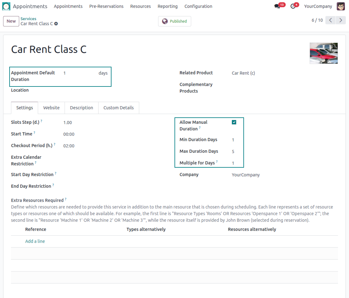 Service duration and price setup