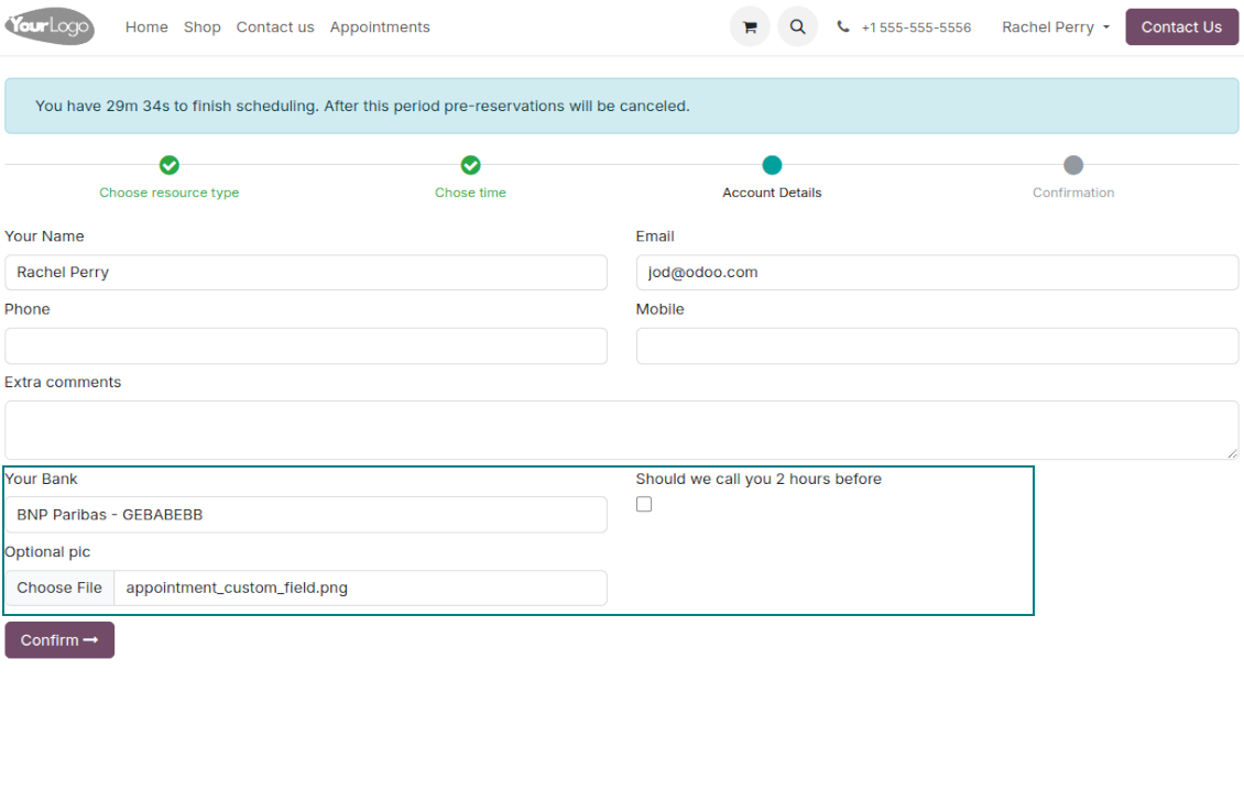 Appointment input form: custom details
