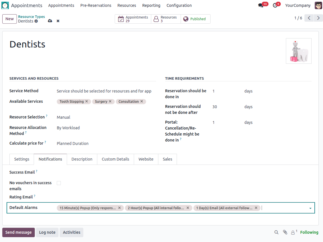 Resource type reminders for linked reservations