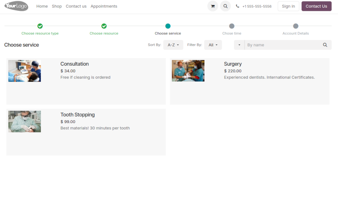 Website service reservation page