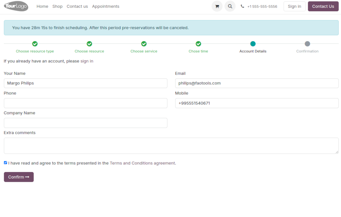Odoo reservation: contact details