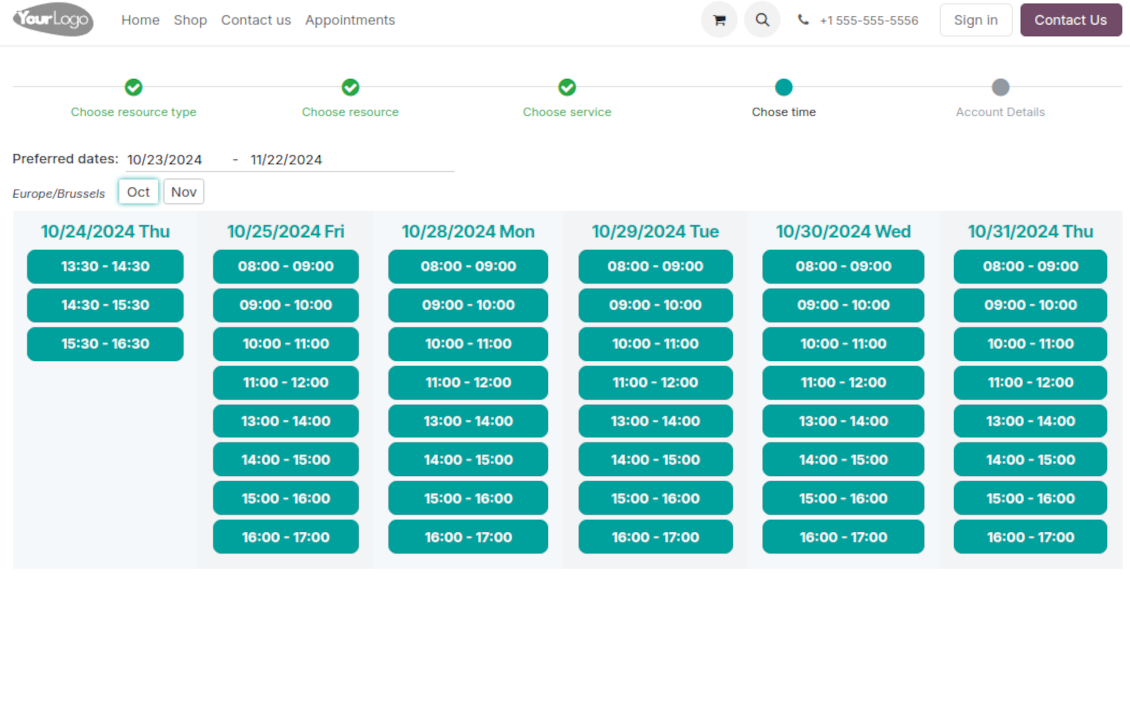 Website time slot booking page